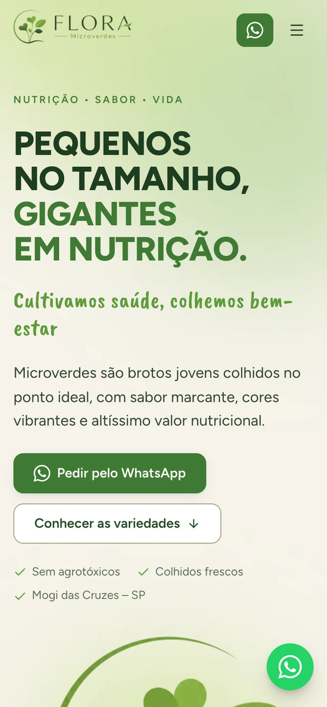 O site da Flora Microverdes no celular